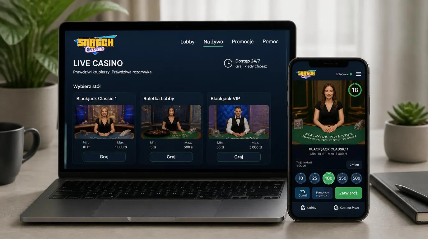 Lobby kasyna live na laptopie i telefonie z widocznymi limitami stawek oraz transmisją krupiera