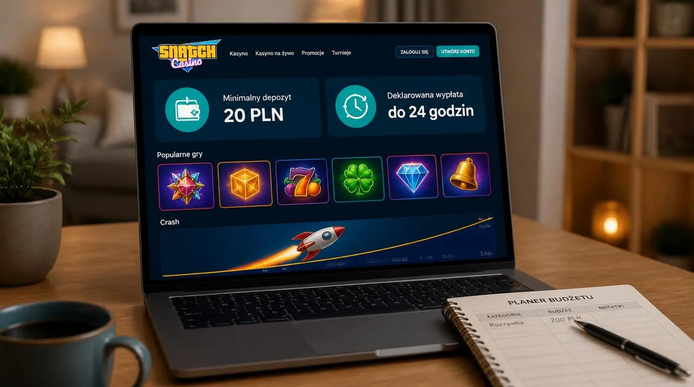 Panel kasyna z depozytem 20 PLN, terminem wypłaty do 24 godzin i miniaturami gier na ekranie laptopa